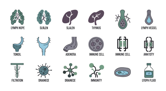 Medical Icons Set: Immune System, Lymphatic System, Organs, Cells, Virus, Immunity