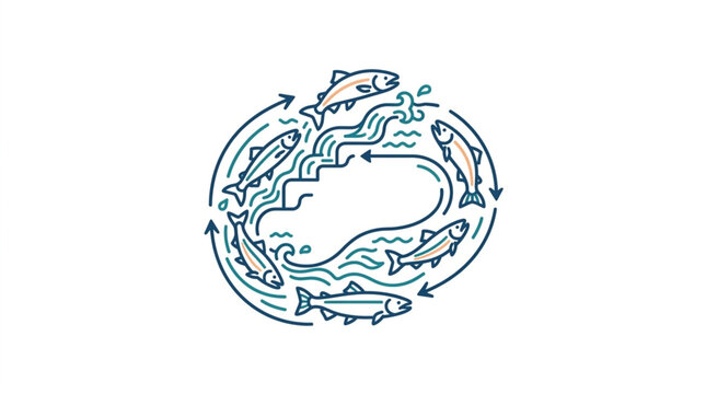 Salmon life cycle illustration showing migration and reproduction.