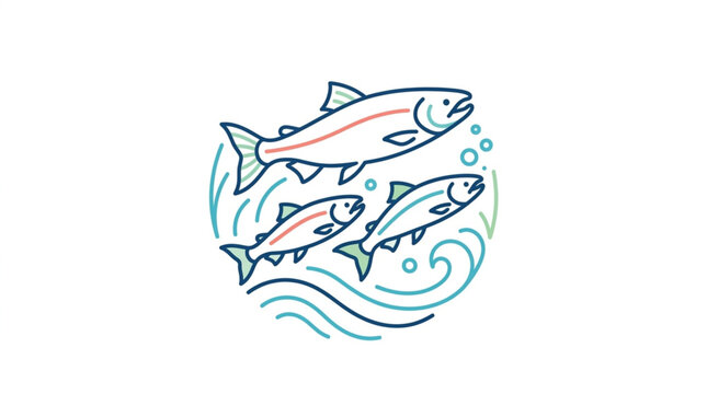 Three Salmon Swimming Upstream in Stylized Water Illustration.