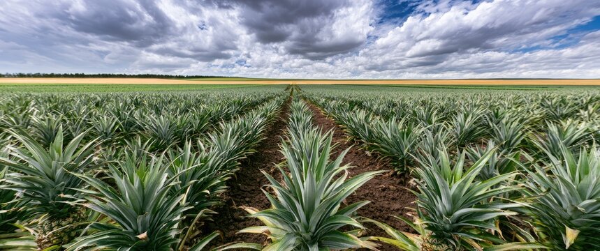 Rows of young pineapple plants stretch towards a horizon of fields under a dramatic sky