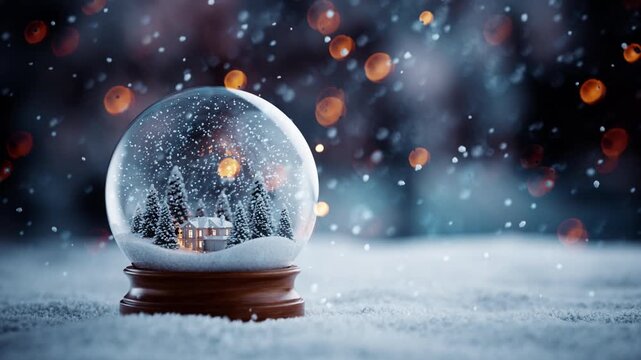 Christmas Snow Globe With Cozy Lit House and Pine Trees in Winter Snow