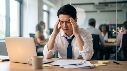 Obraz premium Stressed Asian businessman suffering from a headache while working on a laptop in a busy modern office.