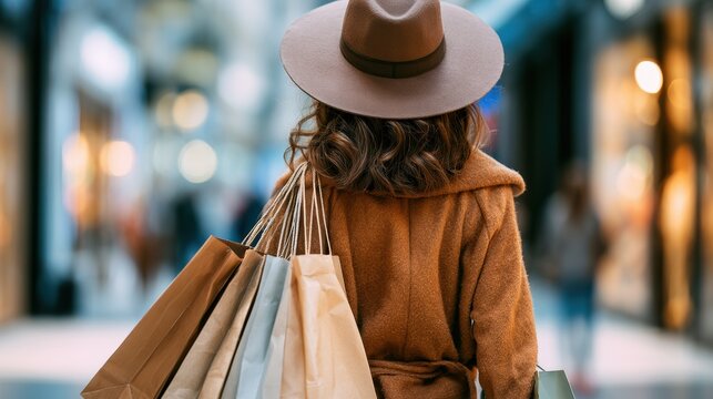 Modern happy Female lifestyle fashion portrait. beautiful attractive young woman girl enjoy stylish walk with shopping bag packages and use smartphone , trendy outfit on shopping mall, browse product