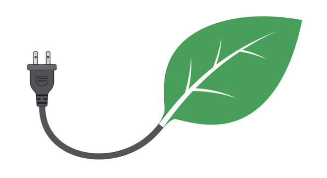 Green energy concept with leaf and power plug.