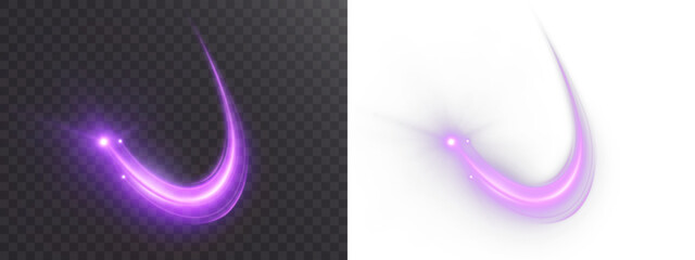 Purple glowing comet trail with a bright spark and curved flowing light ribbons isolated on transparent background. Vector. © Valeriia