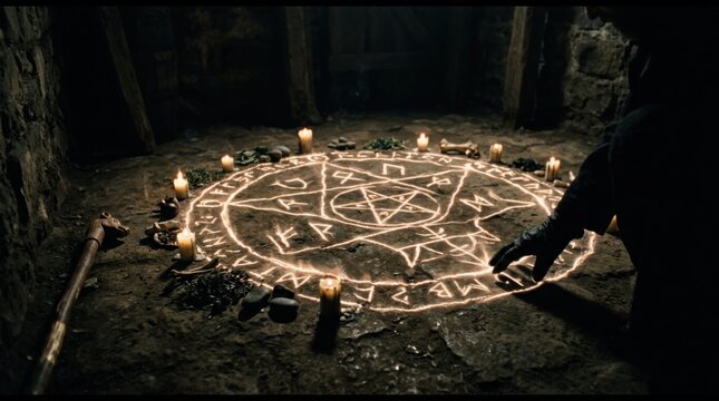 Candlelit magic circle on floor with reaching hand for Halloween ritual.