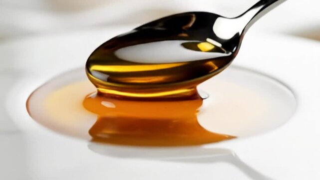 Close up shot of golden honey slowly dripping from a silver spoon onto a white plate showing viscosity