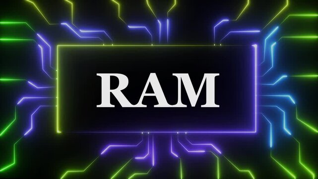 Dynamic digital ram concept featuring glowing neon circuitry patterns and futuristic data processing visualization for high-tech computing, hardware performance, and advanced information technology