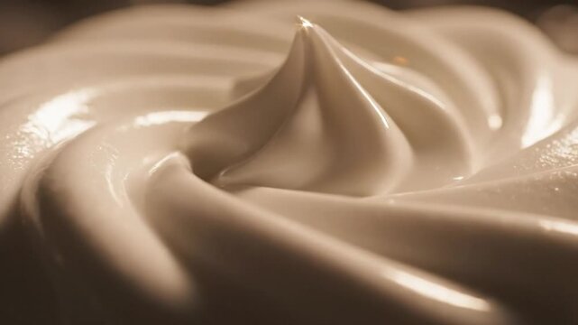 Close-up of a swirl of sweet cream or icing with a smooth, glossy surface and a single peaked point