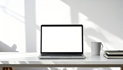 Fototapeta premium A laptop with a blank screen sits on a desk next to a coffee mug and books in a bright room.