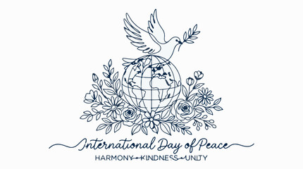 Fototapeta premium International Day of Peace, harmony, kindness, unity, dove, globe, floral, vector illustration