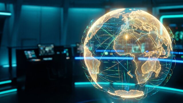Technology - Glowing Digital Earth Hologram with Global Network Connections Displayed in Futuristic Command Center