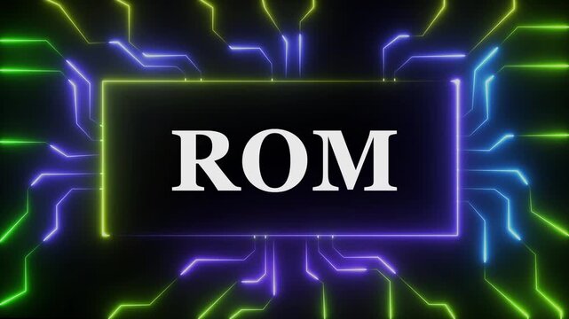 Dynamic rom text display with glowing neon circuit board lines and futuristic cybernetic data flow background, for high-tech computer, hardware, digital storage, and advanced artificial intelligence