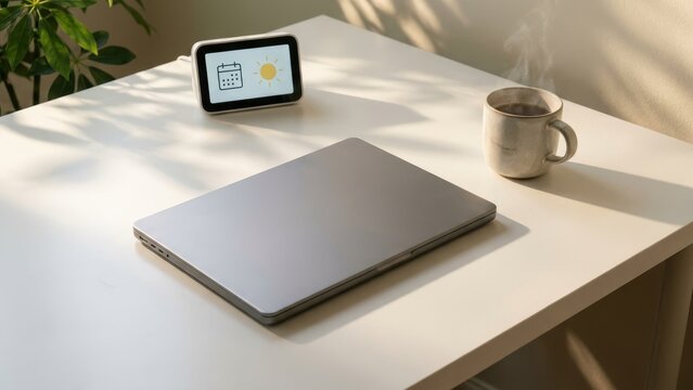 Workspace - Minimalist Home Office Desk With Closed Laptop Smart Display Showing Calendar Weather and Steaming Coffee Mug