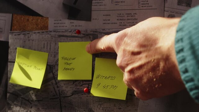 Close-up of a detective adding a &ldquo;follow the money&rdquo; reminder to an active investigation board. Suggests financial crime, corruption inquiries, and complex intelligence operations.