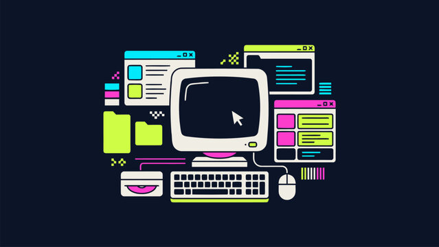 Retro futurism desktop computer with windows and files, neon cyber aesthetic