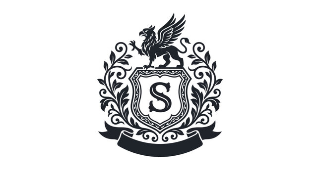 Griffin heraldic crest with letter S and floral scrolls