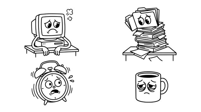 Workplace burnout and corporate stress vector characters set. Cute line art doodles of exhausted computer, overloaded file folder, panicking alarm clock, and tired coffee mug.