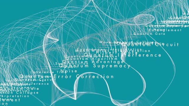 Floating quantum computing terminology moving over an organic white data wireframe. Designed for tech educational videos, cryptography presentations, and physics documentaries.