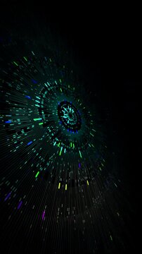 A vibrant vertical data array spinning into an intricate circular database network. Optimised for mobile tech displays, cloud computing presentations, and cyber security assets.