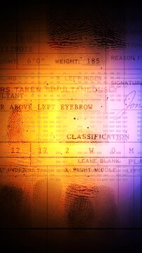 A vertical biometrics fingerprint scanning animation overlaying an official law enforcement data sheet. Ideal for cyber intelligence, forensic investigation, and mobile security loops.