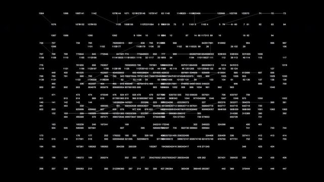 A dense, interconnected grid of fast-multiplying digital numbers unfolding across a dark screen. Ideal for cybersecurity, stock market algorithms, and global server traffic loops.