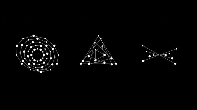 Three mutating white plexus wireframe structures animating over a black background. Perfect for scientific analysis, artificial intelligence data modeling, and tech infographics.