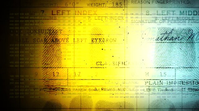 A vibrant yellow and blue tinted camera scroll across an official bureau document filled with identity fingerprint impressions. Perfect for true crime series, cyber law, and forensic video.
