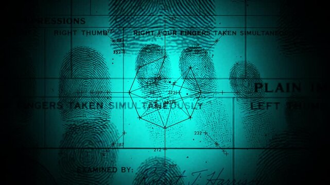A technical blue interface scanning geometric target matrices over an official fingerprint document background. Perfect for biometric authenticators, cyber intelligence, and security loops.