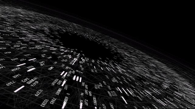 A dark monochromatic curved grid of shifting database numerical sequences. Designed for big data analytics visualization, data server architecture, and artificial intelligence loops.