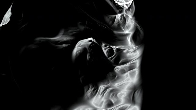 Abstract flowing white smoke texture evolving slowly against a pitch black background. Ethereal fluid motion asset for cinematic titles, spiritual concepts, and artistic mood video.