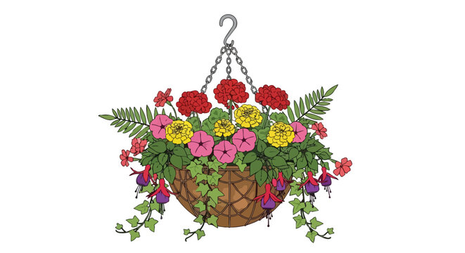 Beautiful Garden Hanging Flower Basket with Red Geraniums Pink Petunias Yellow Primroses and Fuchsia Plants