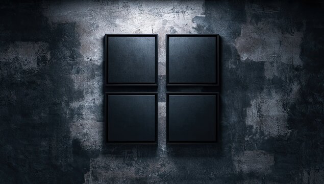 Four dark, textured squares are arranged in a 2x2 grid against a distressed concrete wall