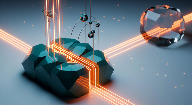 3D rendered cluster of dark teal polygonal blocks with glowing orange neon data lines, connected network nodes, suitable for cloud infrastructure, data transfer and technology brand advertising