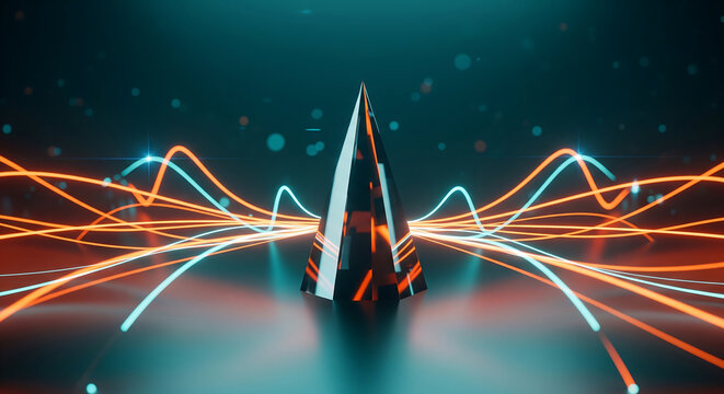 Futuristic geometric pyramid structure with glowing neon orange and blue light trails, concept for technology, data visualization and digital innovation
