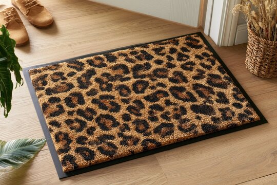 A leopard print coir doormat with a black border rests on a wooden floor