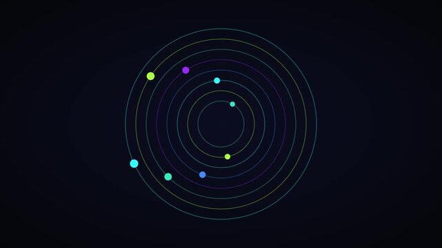 Abstract circular orbit animation with glowing particles and concentric rings motion circles