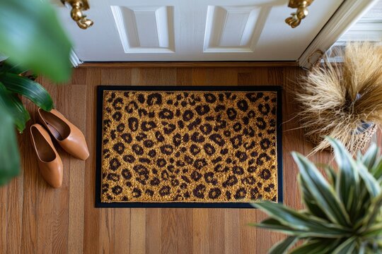 Leopard print doormat welcomes guests with shoes & plants by white door
