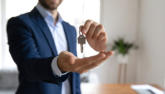 Real estate agent offering house key to client, representing home ownership, new beginnings, and successful property transaction
