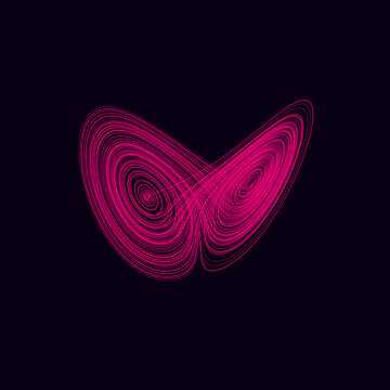 Vibrant magenta lorenz attractor, elegant chaotic line curves forming a butterfly structure representing complex mathematical systems