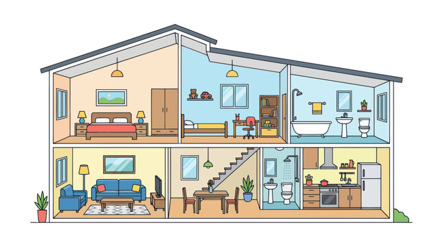 Cross-section of a modern house showing multiple rooms and furniture