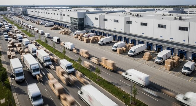 Modern logistics center with numerous delivery trucks and vans actively engaged in shipping and receiving operations