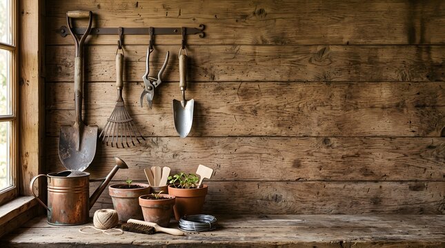 Gardening tools and pots arranged on a rustic wooden table in a shed setting
