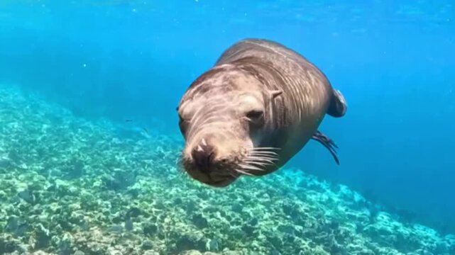 Sea lion swimming underwater in clear blue ocean