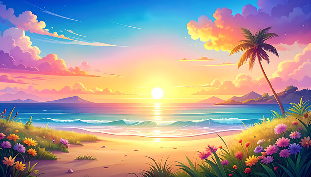 Pixel art tropical beach sunset, vibrant ocean waves, palm tree silhouette, colorful clouds, and flowers, tranquil paradise scene