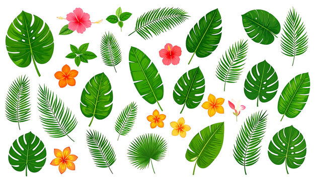 Pixel art tropical leaves and flowers collection, monstera, hibiscus, banana leaves, vibrant green and orange, summer botany theme