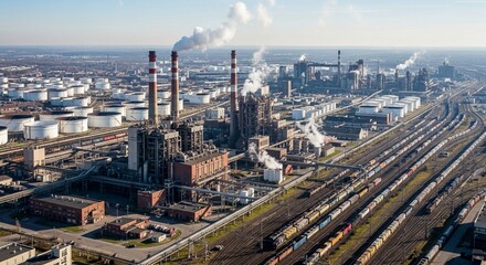 Fototapeta premium Vast Industrial Complex with Smokestacks Emitting Steam and Trains on Railroad Tracks Under a Clear Sky