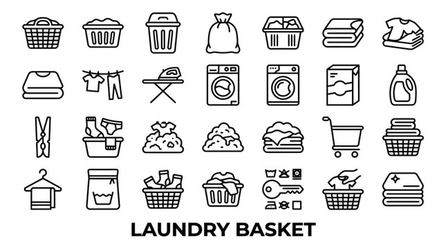 Black line laundry symbols and hamper outline icon set.
