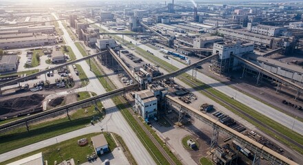Obraz premium Vast Industrial Production Complex in Aerial View, Showcasing Extensive Infrastructure and Heavy Manufacturing Operations.