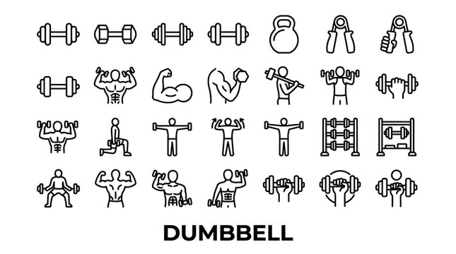Bodybuilding and weightlifting gym equipment icons